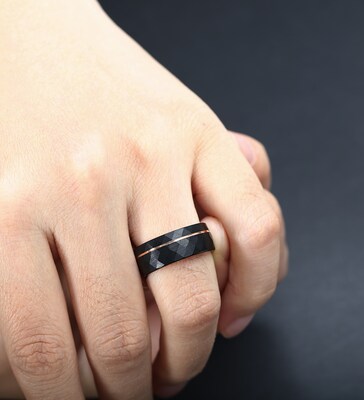Men's wedding band, rose gold strip, black hammered tungsten carbide ring, gift for him, men's wedding ring, black ring, comfort fit ring - image9